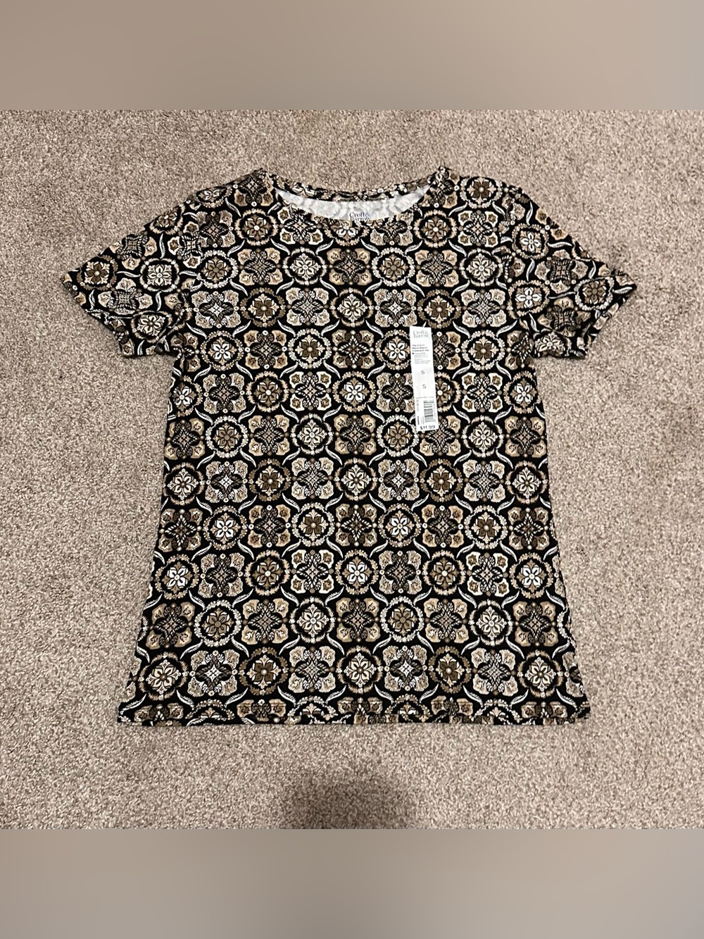 croft & barrow Black and Tan Short Sleeve Patterned Top
